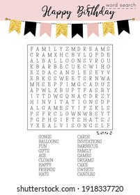 Happy Birthday word search puzzle. Printable party card.  Crossword suitable for social media post. Сolorful worksheet for learning English words. Vector illustration