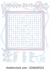 Happy Birthday Word Search Puzzle with Answers, Card, Invitation, Illustration, Last Minute Gift, Pretty Flowers, Ribbons, Frame, Baby Blue, Pink