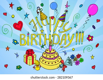 Happy Birthday  words with colorful attributes of its celebration. Sketch style