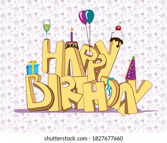 Happy Birthday words lettering. Happy Birthday and gifts vector lettering, illustration. Birthday lettering vectorgraphic with gift theme pattern. Birthday with bold drawn 3 dimensional letters.