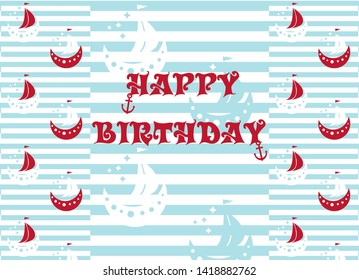 Happy birthday wrapping paper ships in color red, blue and white, stripped background vector illustration
