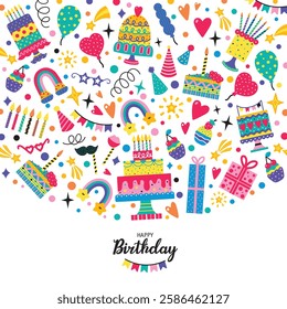 Happy Birthday wreath. Greeting card. Party decoration, gift box, cake, party. Hand drawn elements. Vector illustration. Wave.