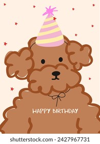 Happy Birthday written puppy poodle giftcard. Hand drawn poodle with little stars on the background.