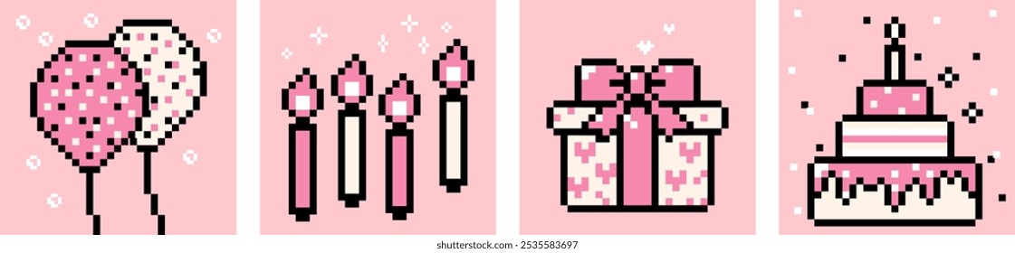 Happy Birthday y2k pixel square cards. Pixel art style. Party concept. Candles. Cake. Present. Cute Birthday sticker set. Game abstract elements. Bright modern shape for post, posters, bg in pink