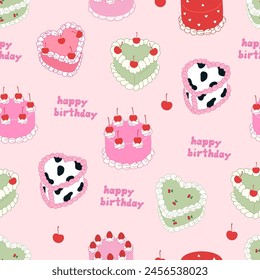 Happy birthday y2k style seamless pattern. Cute cherry cakes. Vector