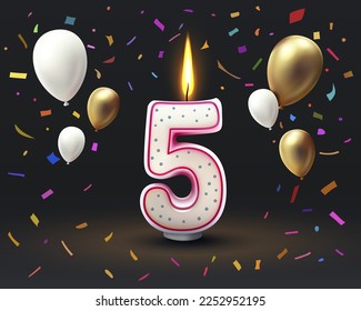 Happy Birthday years anniversary of the person birthday, Candle in the form of numbers five of the year. Vector illustration
