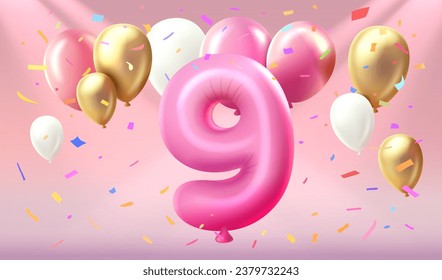 Happy Birthday years anniversary of the person birthday, balloon in the form of numbers Nine of the year. Vector illustration