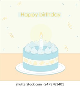 Happy Birthday. yellow and blue color tone Birthday greeting square cards. Invitation to the celebration. Online birthday wishes. Printable square cards. Birthday cake, candles, balloons, and festive.