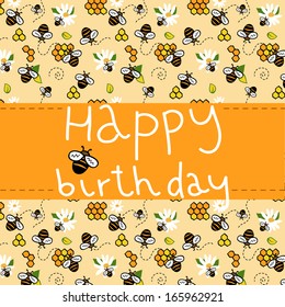 Happy birthday yellow greeting card for kid.Vector illustration with bees.