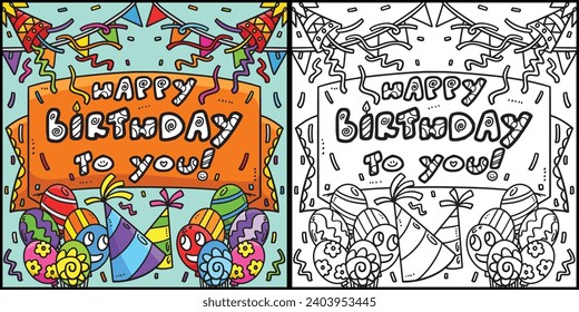 Happy Birthday To You Banner Coloring Illustration