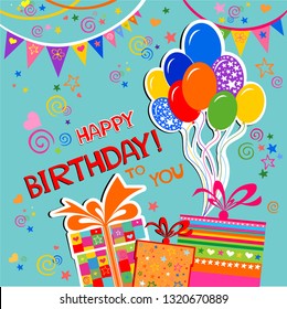 Happy Birthday To You! Birthday Card. Celebration Background With  Balloons, Gift Boxes And Place For Your Text.  Greeting, Invitation Card Or Flyer. Birthday Party Background. Vector Illustration