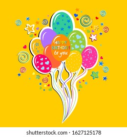 Happy birthday to you. Celebration yellow background with Colorful Balloons and place for your text. Bright Colors. Balloons party invitation card. Celebrate events banner posters. Vector illustration