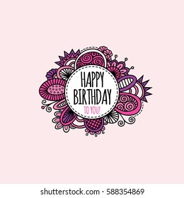 Happy birthday to you in a circle surrounded by abstract shapes and swirls in a bright colored vector illustration 