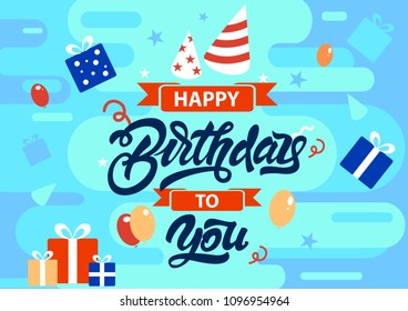 Happy birthday to you colourful background in flat style with gifts, presents, ribbons, balloons illustrations. Vector illustration design.