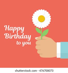 Happy birthday to you, concept. A man holding a daisy in hands, congratulations to the event. Give flowers. Greeting card. Flat design vector illustration.