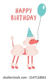 Happy Birthday to you Cute cartoon character. Balloons and hat. Happy Birthday greeting card. Flat design. Kid greeting card template. Vector illustration EPS