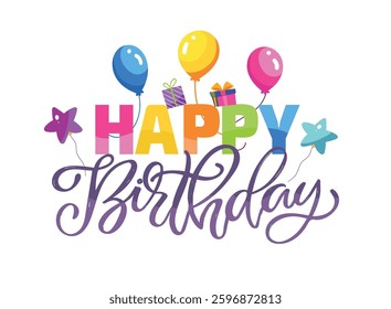 Feliz aniversário para você - bonitinho mão desenhada doodle lettering postcard banner art. Modelo de design para cartão, cartaz, convite.	
