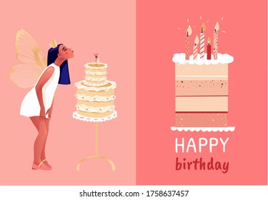 Alles Gute zum Geburtstag! Cute Vektorgrafik eines Mädchens mit Geburtstagskuchen und Blumen. Herzlichen Glückwunsch zum Geburtstag, als Briefposter, Karte, Flyer oder Banner