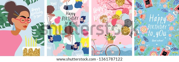 誕生日おめでとう 花を持つ女性のかわいいベクターイラスト 風船 若い人 ポスター カード チラシ バナーの花柄の枠 のベクター画像素材 ロイヤリティフリー