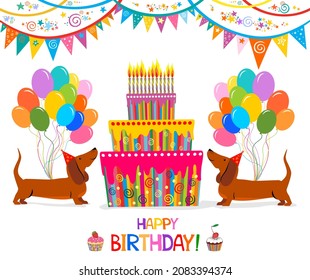 Happy Birthday to you! Dachshund dog. Cute cartoon character. Balloons, Birthday cake and hat. Happy Birthday greeting card. Flat design. Kid greeting card template. Vector illustration