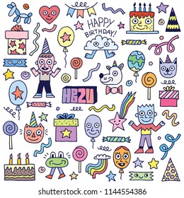 Happy Birthday To You! Doodle Characters Set 2 Color Vector Illustration.