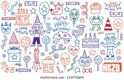 Happy Birthday To You! Doodle Characters Set 2 Color Outline. School Notebook Background.