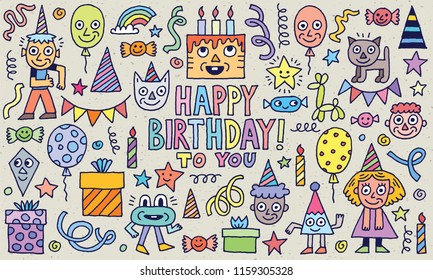 Happy Birthday To You! Doodle Characters Set 1 Color Vector Illustration Texture Background