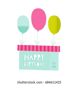 Happy Birthday to you: doodle vector illustration with big gift and colored balloons for kids. Fashion baby print in pink and turquoise colors.