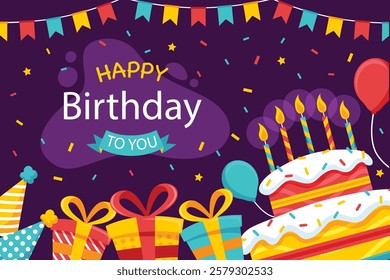 Happy birthday to you flat design with cake and candles
