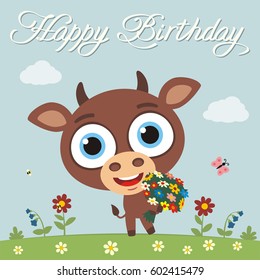 Happy birthday to you! Funny cow with flowers. Greeting card.