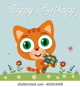 Happy birthday to you! Funny kitten cat with flowers. Greeting card.