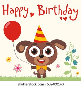 Happy birthday to you! Funny puppy dog with red balloon. Greeting card.