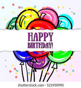 Happy Birthday to you! Gentle, children, cute Card with hand-drawn balloons. Vector illustration festive balloon with a greeting. Sketch for the holidays. Retro vintage style. Confetti.