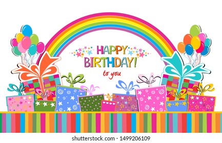 Happy Birthday to you! Greeting card. Celebration white background with Balloons, rainbow, colorful gift box and place for your text. Horizontal card format for web banner or header. Illustration