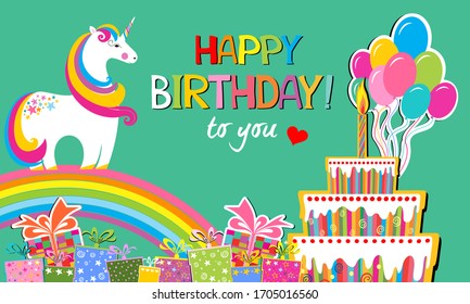 Happy Birthday to you! Greeting card. Celebration mint background with white unicorn, Birthday cake, Balloons, gift box and place for your text. Horizontal card format for web banner or header.