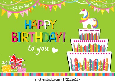 Happy Birthday to you! Greeting card. Celebration green background with white unicorn, Birthday cake, colorful flags, gift box and place for your text. Horizontal card format for web banner or header.