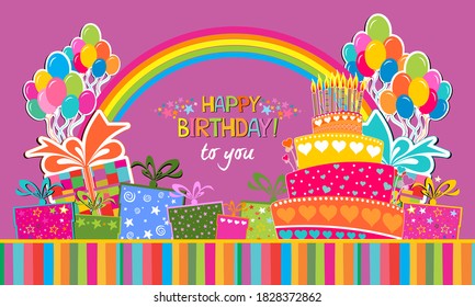 Happy Birthday to you! Greeting card. Celebration violet background with Cake, Balloons, rainbow, colorful gift box and place for your text. Horizontal card format for web banner or header. Vector