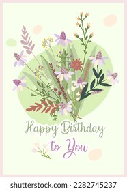 Cumpleaños feliz para usted Tarjeta de Saludo con un Bouquet de Flores Silvestres. Ilustración del vector