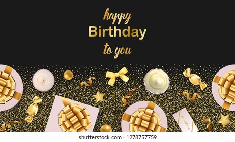 Happy Birthday To You greeting web banner with gold festive items on black background. Luxury flat lay objects template for greeting, birthday cards, wedding invites, gift voucher with text palce.