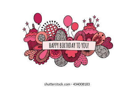 Happy Birthday to You Hand Drawn Vector Pink & Red
Birthday vector illustration with the words happy birthday to you in the center, balloons, birthday cakes, candles, hearts, stars & abstract shapes.