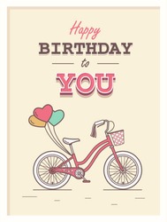 Happy Birthday To You Hipster Postcard With Child Bicycle On Background And Retro Lettering