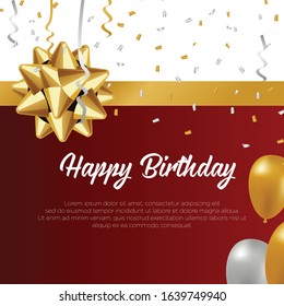 Happy Birthday to You lettering in gold frame and glitter confetti. Vector illustration greeting card