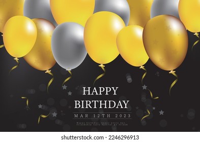 Happy birthday to you with luxury balloons and confetti black and white