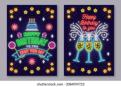 Happy Birthday to you neon sign. Card, flyers, poster with Champagne glasses. Vector illustration. Neon design for birthday celebration emblem. Night neon signboard.