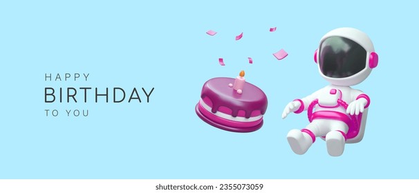 Happy birthday to you. Realistic astronaut, pink cake with candle in weightlessness. Greeting card template with text. Time to celebrate. Cute party concept