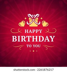 Happy birthday to you red vintage greeting social media post template design vector illustration. Birth anniversary holiday celebration gift box bow heart curved ornate smooth rays glare explosion