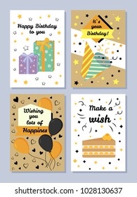 Happy Birthday to you set, wishing you lots of happiness, cards with Birthday wishes, collection with presents and balloons, vector illustration