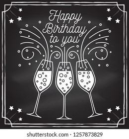 Happy Birthday to you. Stamp, badge, sticker, card with Champagne glasses. Vector illustration. Vintage typographic design for invitations, birthday celebration emblem in retro style