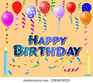 Happy birthday to you text with balloon and confetti decoration element for birth day celebration greeting card design. Vector illustration