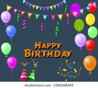 Happy birthday to you text with balloon and confetti decoration element for birth day celebration greeting card design. Vector illustration